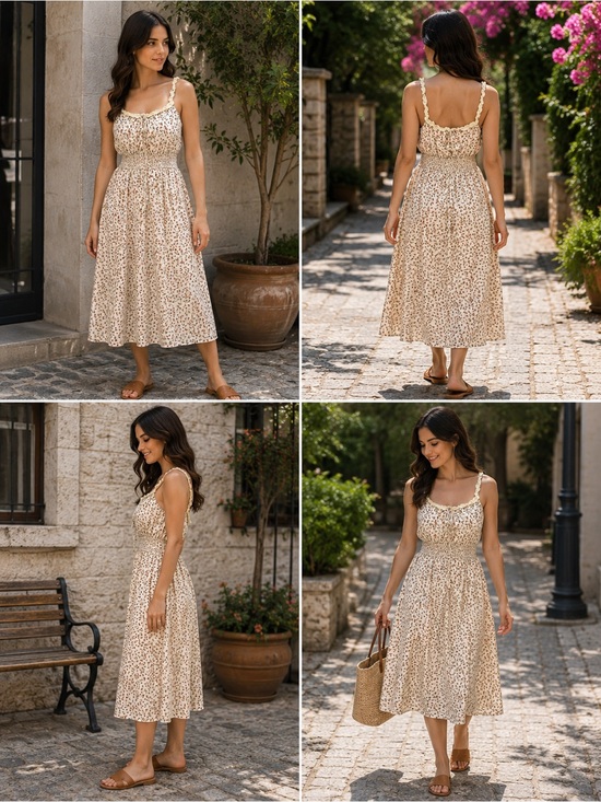 Cupshe Dresses & Skirts - Cupshe Beige Floral Smocked Midi Sundress